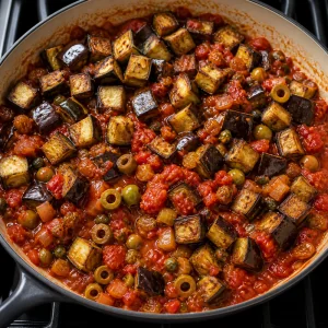 Roasted eggplant cubes folded into tomato sauce with olives, capers, and raisins