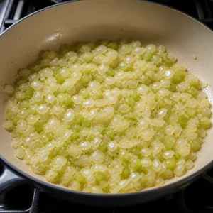 Softened chopped onion and celery cooking in olive oil in a skillet