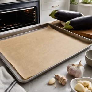 Teglia rivestita di carta forno pronta per arrostire melanzane e aglio