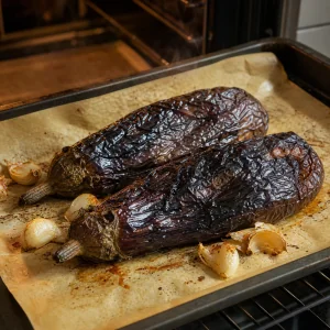 Melanzane arrostite con buccia rugosa abbrustolita e aglio morbido