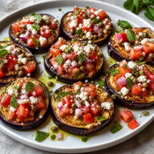 Roasted eggplant rounds topped with tomatoes, mint, capers, and cheese
