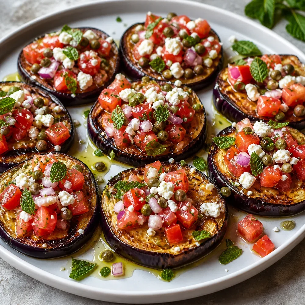 Roasted eggplant rounds topped with tomatoes, mint, capers, and cheese