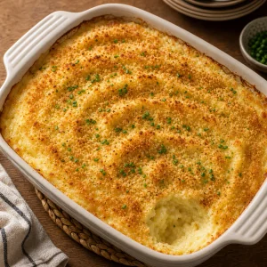 Baked potato casserole with golden topping and chives