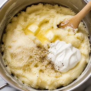 Butter, sour cream, Parmesan, and pepper on mashed potatoes