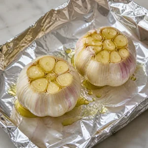 Garlic heads sliced open on foil with olive oil