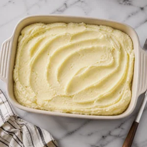 Mashed potatoes smoothed into a baking dish with swirled ridges