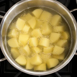Potato chunks simmering in a pot of water