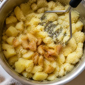 Roasted garlic cloves added to potatoes while mashing