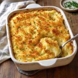 Roasted garlic mashed potato bake with a crisp golden topping