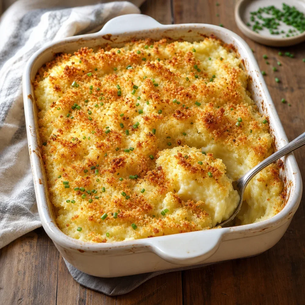Roasted garlic mashed potato bake with a crisp golden topping