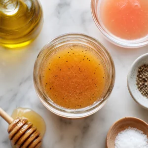 Zitrus-Vinaigrette aus Grapefruitsaft, Honig, Olivenöl, Essig, Salz und Pfeffer