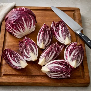 Frischer Radicchio in acht Spalten mit intaktem Strunk auf einem Schneidebrett
