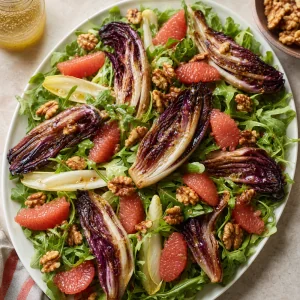 Gerösteter Radicchio auf angemachten Blattsalaten mit Grapefruitfilets und gerösteten Walnüssen
