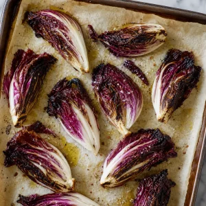 Geröstete Radicchio-Spalten mit leicht angekohlten Rändern auf einem Backblech mit Papier