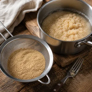 Amaranth grains in a fine mesh strainer beside a saucepan