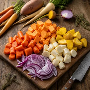 Chopped root vegetables and sliced red onion on a cutting board