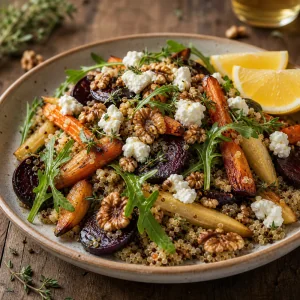 Finished roasted root vegetable salad with goat cheese and walnuts