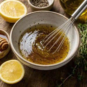 Lemon balsamic dressing whisked in a small bowl