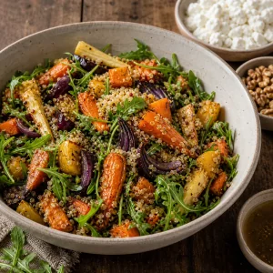 Roasted vegetables tossed with amaranth and arugula in a large bowl