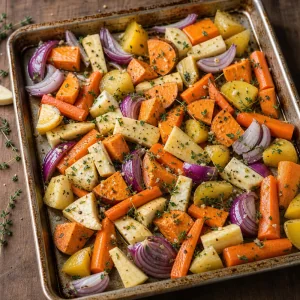 Seasoned root vegetables spread on a rimmed baking sheet