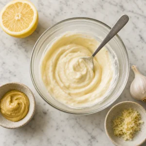 Czosnkowe aioli mieszane w małej misce