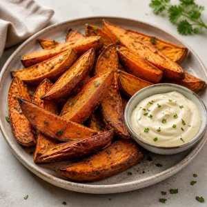 Roasted sweet potato wedges with garlic aioli on a plate