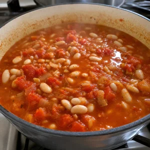 Feijão cannellini a fervilhar em caldo de tomate assado
