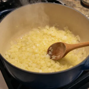Cebola picada a cozinhar em azeite numa panela