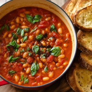 Estufado pronto de tomate e feijão branco com manjericão fresco
