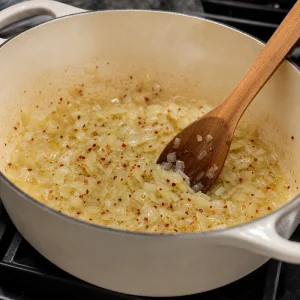 Flocos de pimenta vermelha misturados na cebola macia