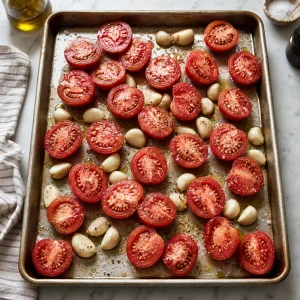 Tomates e alho misturados com azeite num tabuleiro