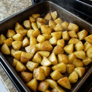 Pedaços de batata com azeite sal e pimenta na assadeira depois da primeira assada