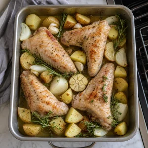 Asas de peru seladas com batatas alho cebola alecrim tomilho e caldo na assadeira