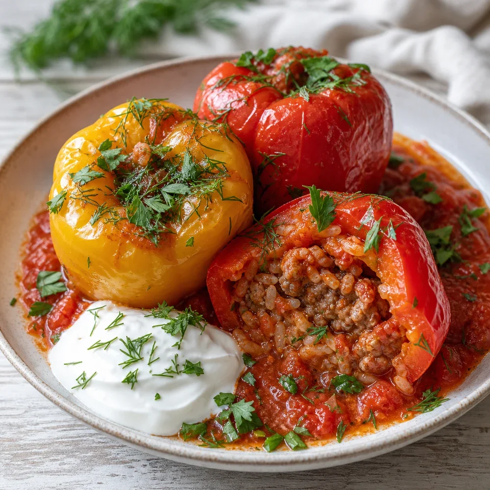 Finished Romanian stuffed peppers in tomato sauce with sour cream