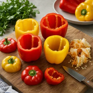 Hollowed bell peppers with tops removed and seeds beside them