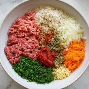 Meat and rice filling ingredients arranged in a mixing bowl