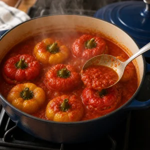Tomato sauce spooned over simmering stuffed peppers