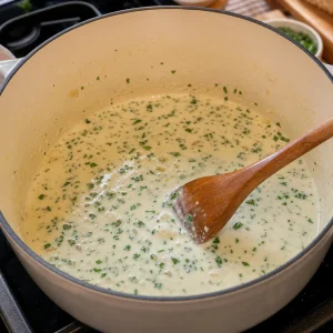 Creme e salsa misturados no molho de vinho branco com alho