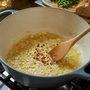 Chalotas alho e flocos de pimenta salteados em manteiga espumosa