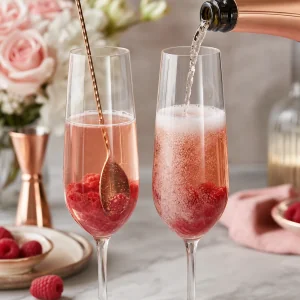 Champanhe despejado em taças de coquetel de framboesa e rosa com bolhas se formando