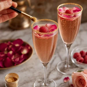 Pó dourado comestível pincelado nas bordas das taças com pétalas de rosa e framboesa