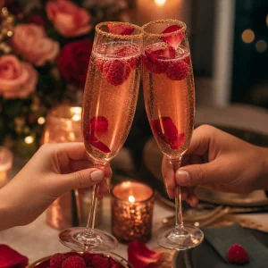 Coquetéis rose gold com champanhe prontos sendo erguidos para um brinde de aniversário
