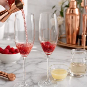 Licor de rosas sendo despejado sobre framboesas maceradas com suco de limão e xarope simples ao lado