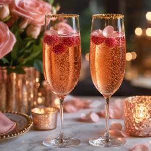 Dois coquetéis rose gold com champanhe framboesas pétalas de rosa e bordas douradas comestíveis