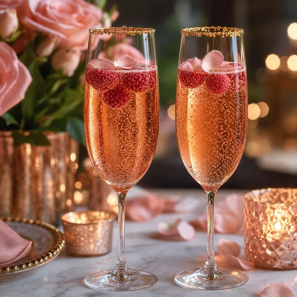 Dois coquetéis rose gold com champanhe framboesas pétalas de rosa e bordas douradas comestíveis
