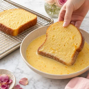 Fatia de brioche mergulhada em creme de laranja e rosa