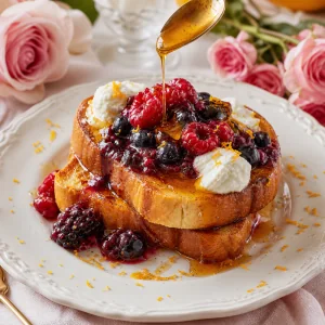 Rabanada com frutas vermelhas, ricota e calda