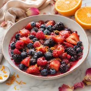 Frutas vermelhas macerando com açúcar e suco de laranja