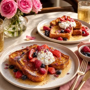 Rabanada de rosas servida com frutas vermelhas e rosas