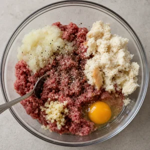 Ground beef mixture with bread, onion, garlic, egg, salt, and pepper